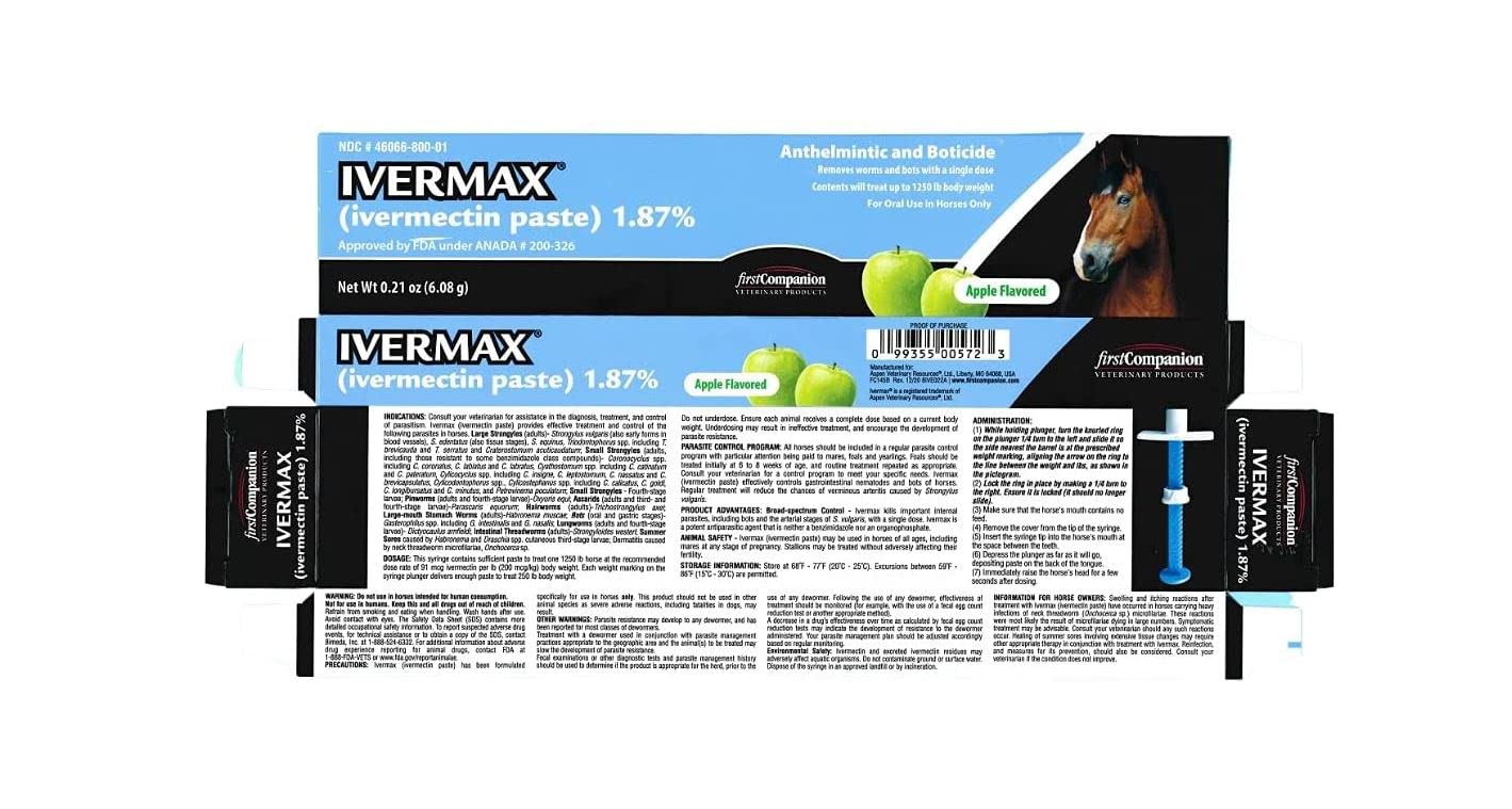 Generic Ivermax paste bottle label highlighting 1.87% ivermectin for horse parasite control.