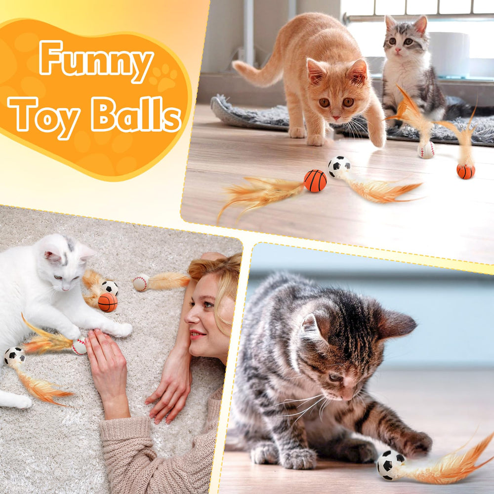 Generic multi-pack display of cat toys showing football, basketball, baseball designs.