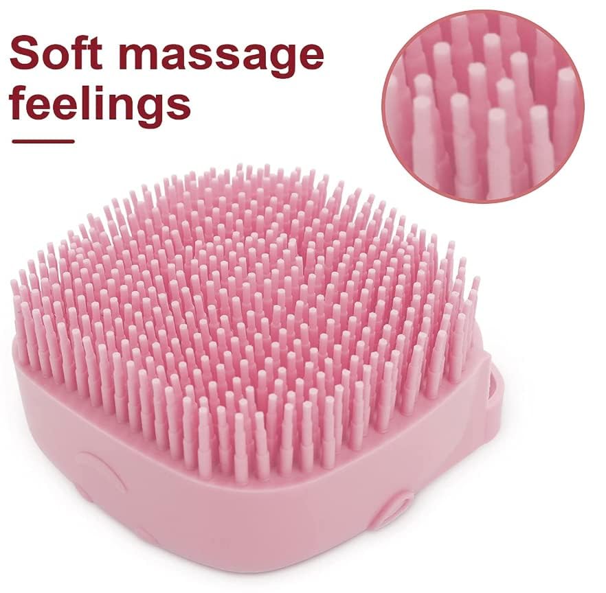 Generic pet-bath-massage-brush-pink-drying-hang-hole promotes quick air-drying.