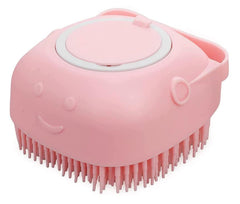 Generic pet-bath-massage-brush-pink-handle close-up shows a comfortable grip for gentle grooming.