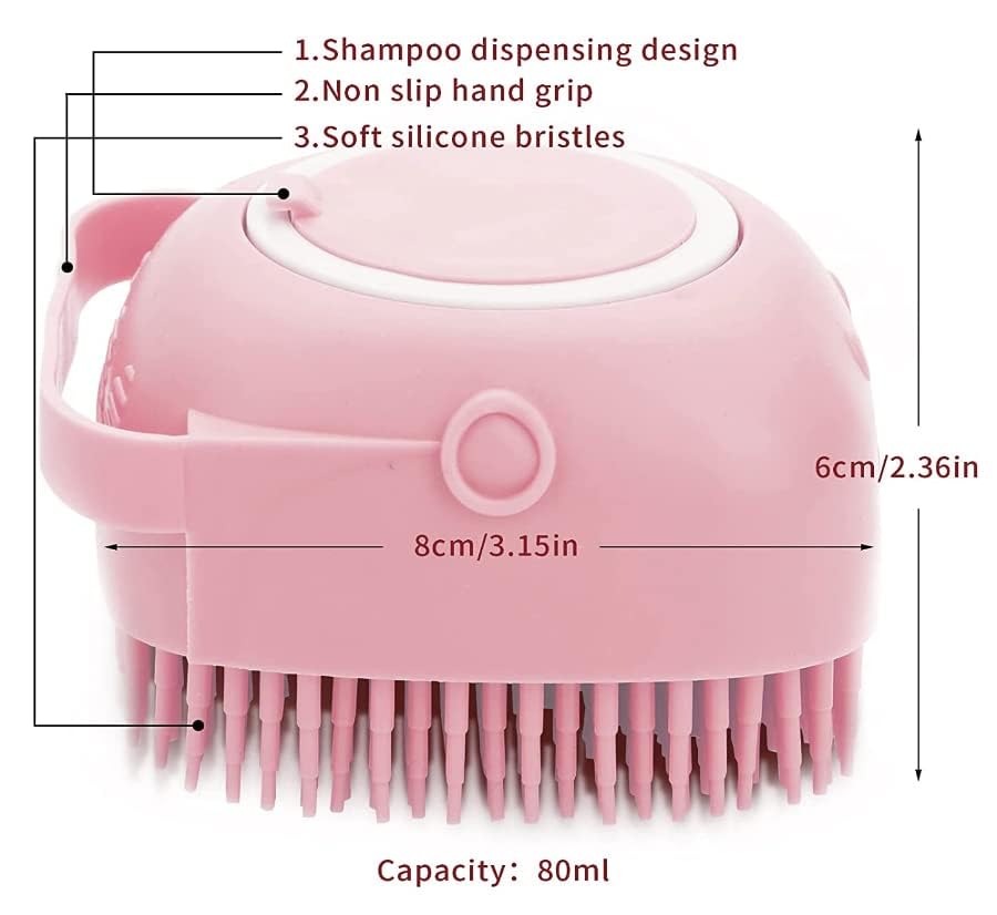 Generic pet-bath-massage-brush-pink-massage-action depicts a calming bath experience.