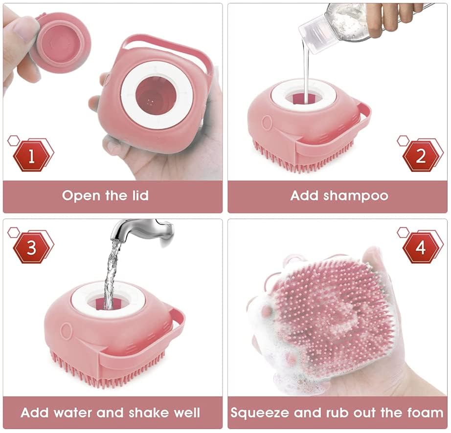 Generic pet-bath-massage-brush-pink-soft-bristles provide gentle cleaning.