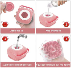 Generic pet-bath-massage-brush-pink-soft-bristles provide gentle cleaning.