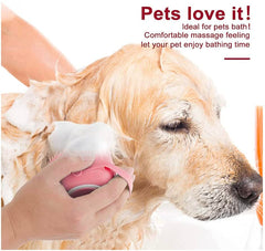 Generic pet-bath-massage-brush-pink-usage-dog-cat illustrates soothing massage and cleansing.