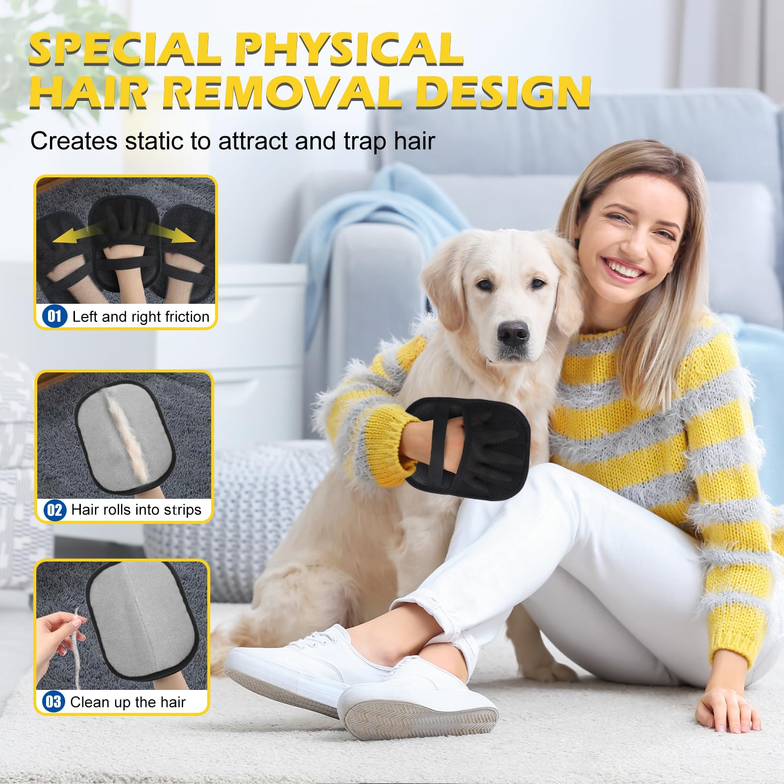 Generic pet hair removal glove on sofa removes fur quickly.