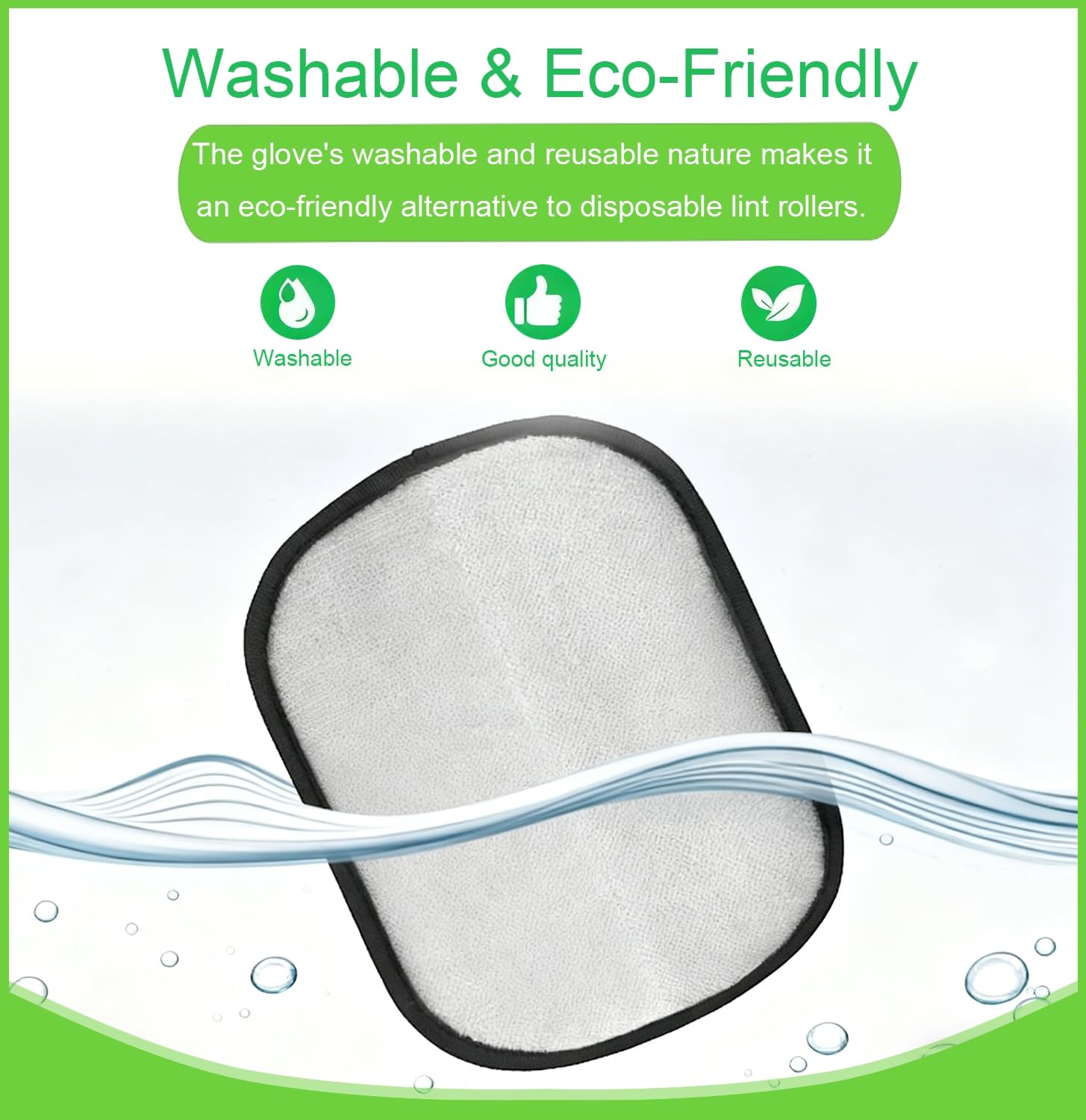 Generic pet hair removal gloves washable reuse highlighting eco-friendly cleaning cycle.