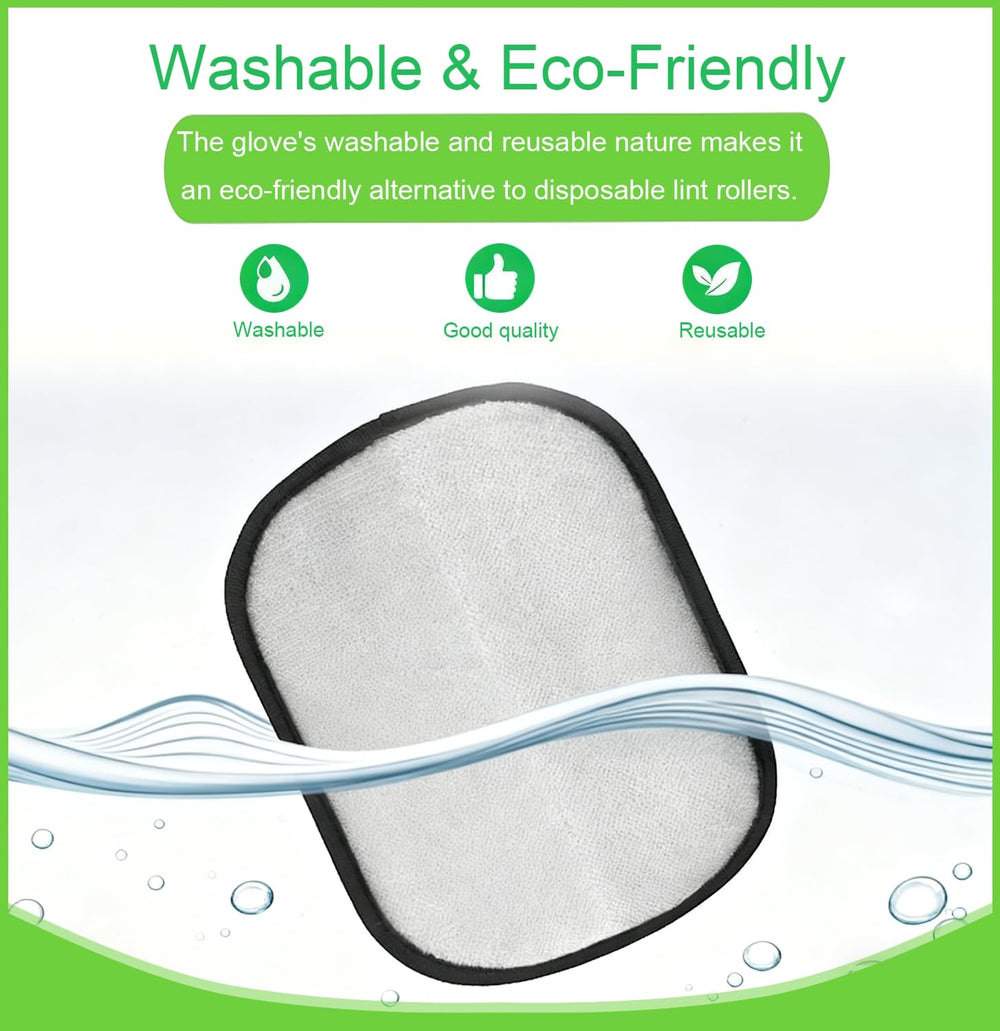 Generic pet hair removal gloves washable reuse highlighting eco-friendly cleaning cycle.