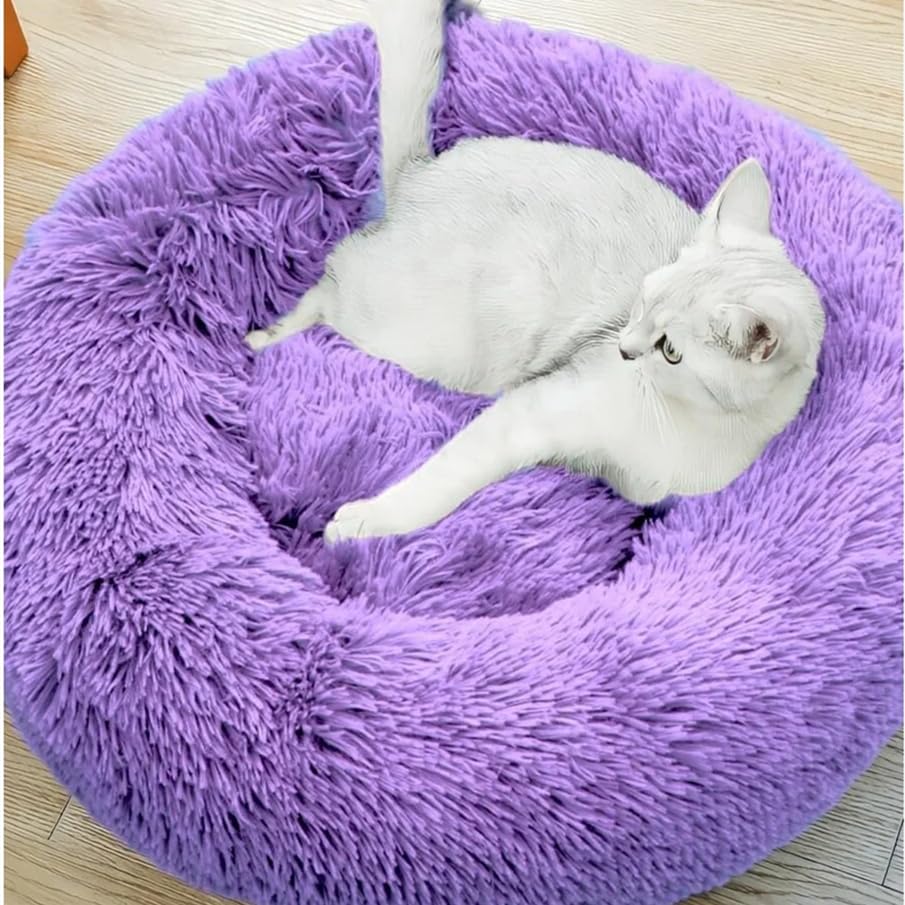 Generic Purrfect Cat Bed plush faux fur demonstrates ultra-soft lounging for cats and small dogs.
