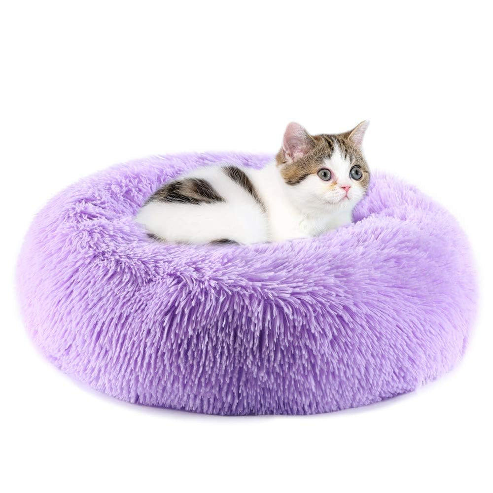 Generic Purrfect Cat Bed round purple 20in provides cozy, secure curling space for indoor cats.