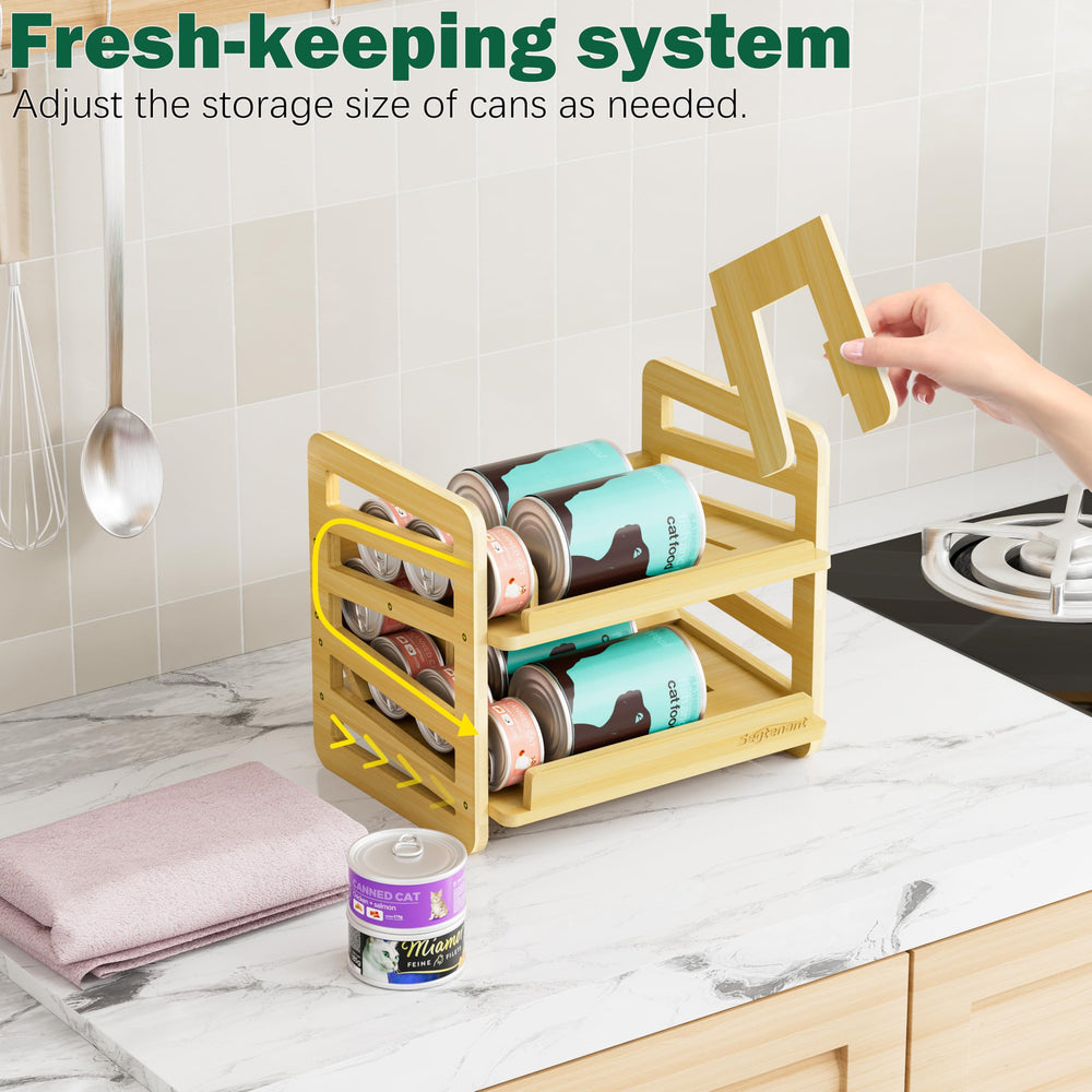 Generic rolling bamboo cat food organizer drawer action demonstrates FIFO rotation.