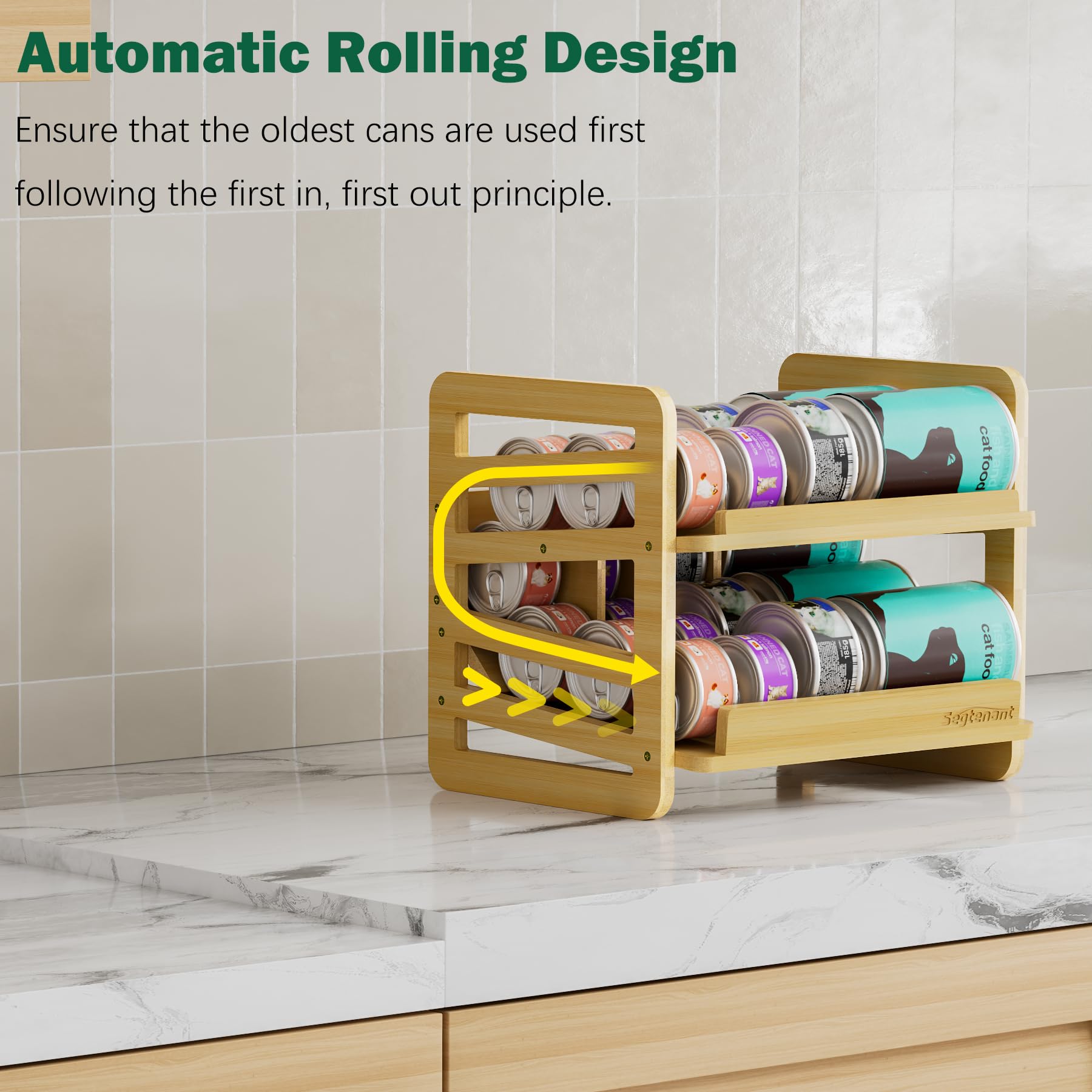 Generic rolling bamboo cat food organizer filled cans showcases full efficiency in storage.