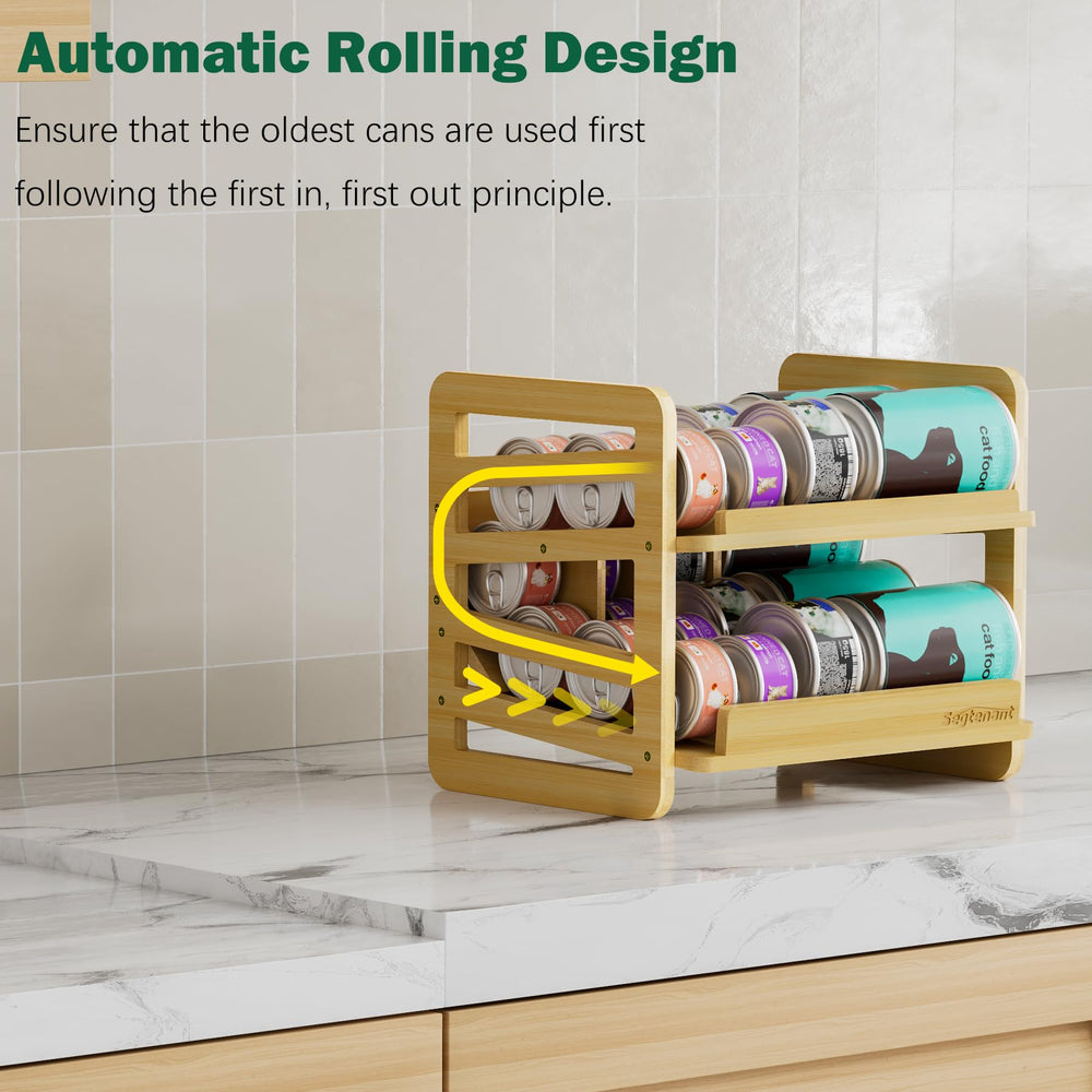Generic rolling bamboo cat food organizer filled cans showcases full efficiency in storage.