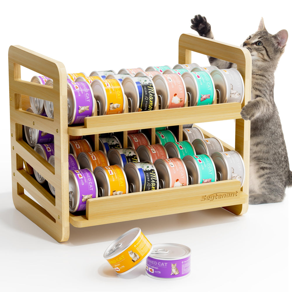 Generic rolling bamboo cat food organizer front view highlights sturdy, space-saving storage.