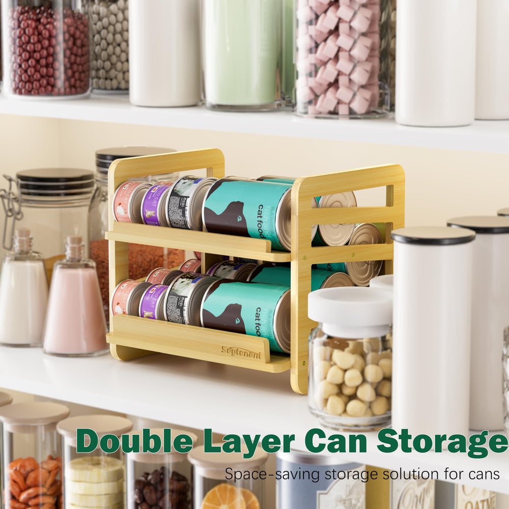 Generic rolling bamboo cat food organizer on kitchen counter saves space and keeps cans accessible.