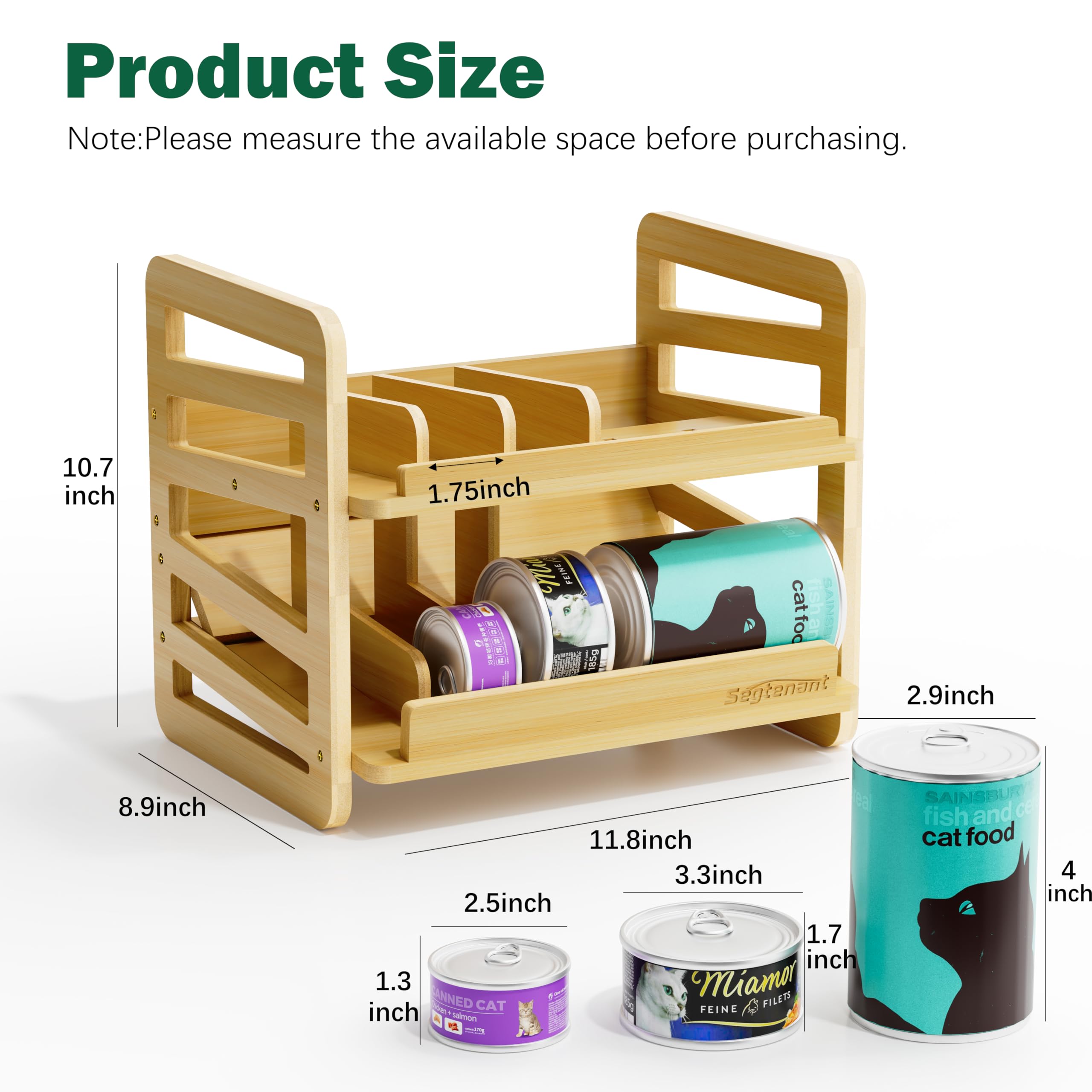 Generic rolling bamboo cat food organizer side view demonstrates even weight distribution.