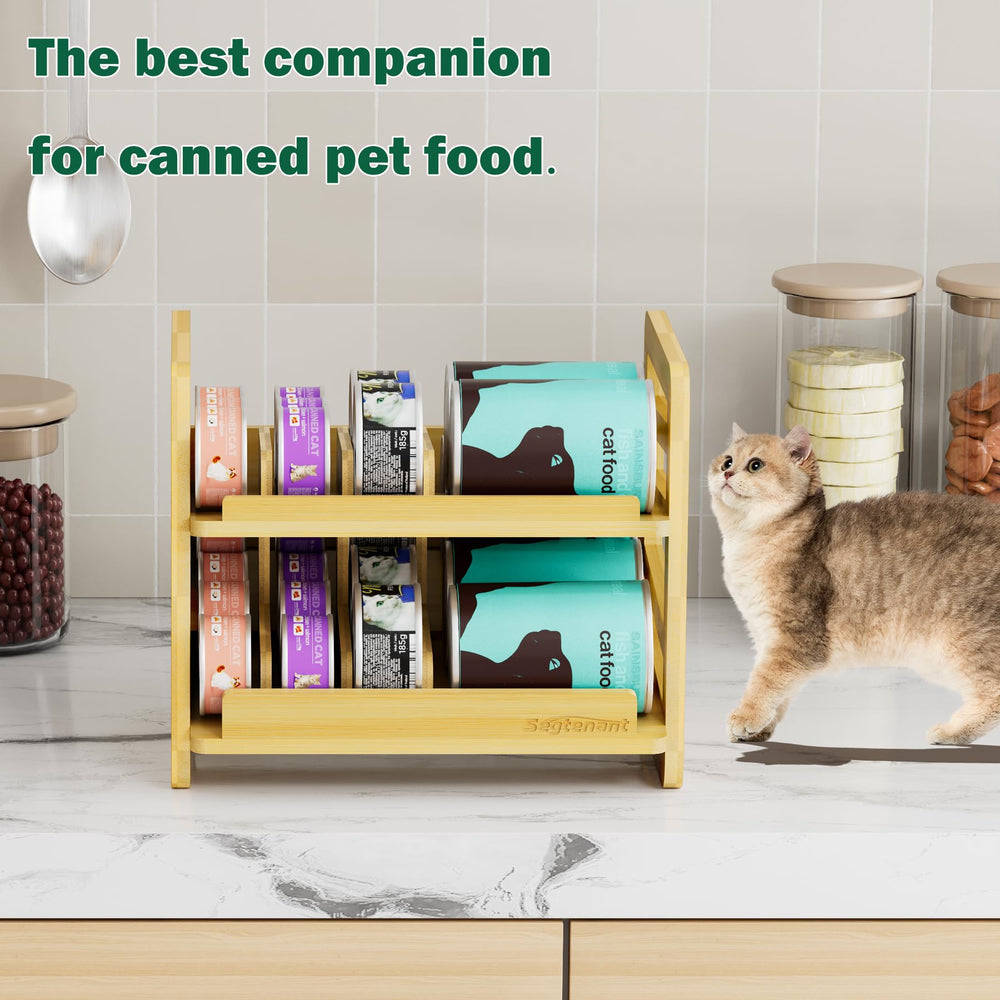Generic rolling bamboo cat food organizer two layers emphasize 42-can capacity.