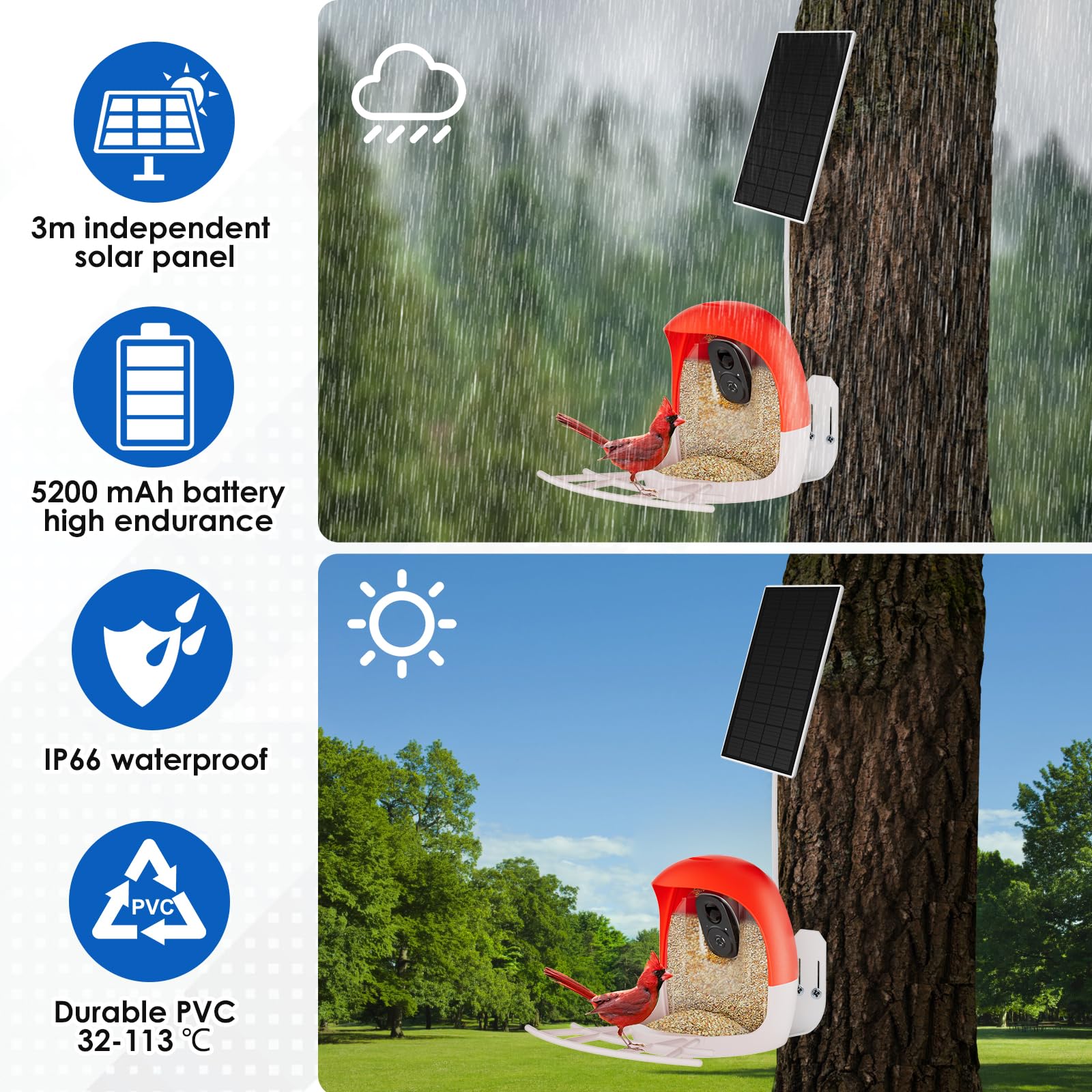 Generic Smart AI outdoor solar bird feeder 1.2L storage reduces refills.