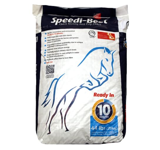 Generic Speedi-Beet bag demonstrates quick soak, offering fast energy and hydration for horses.