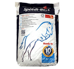 Generic Speedi-Beet bag demonstrates quick soak, offering fast energy and hydration for horses.