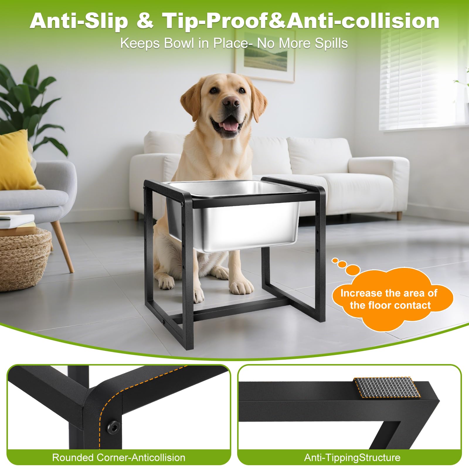 Generic spill resistant large dog bowl helps contain water and kibble.