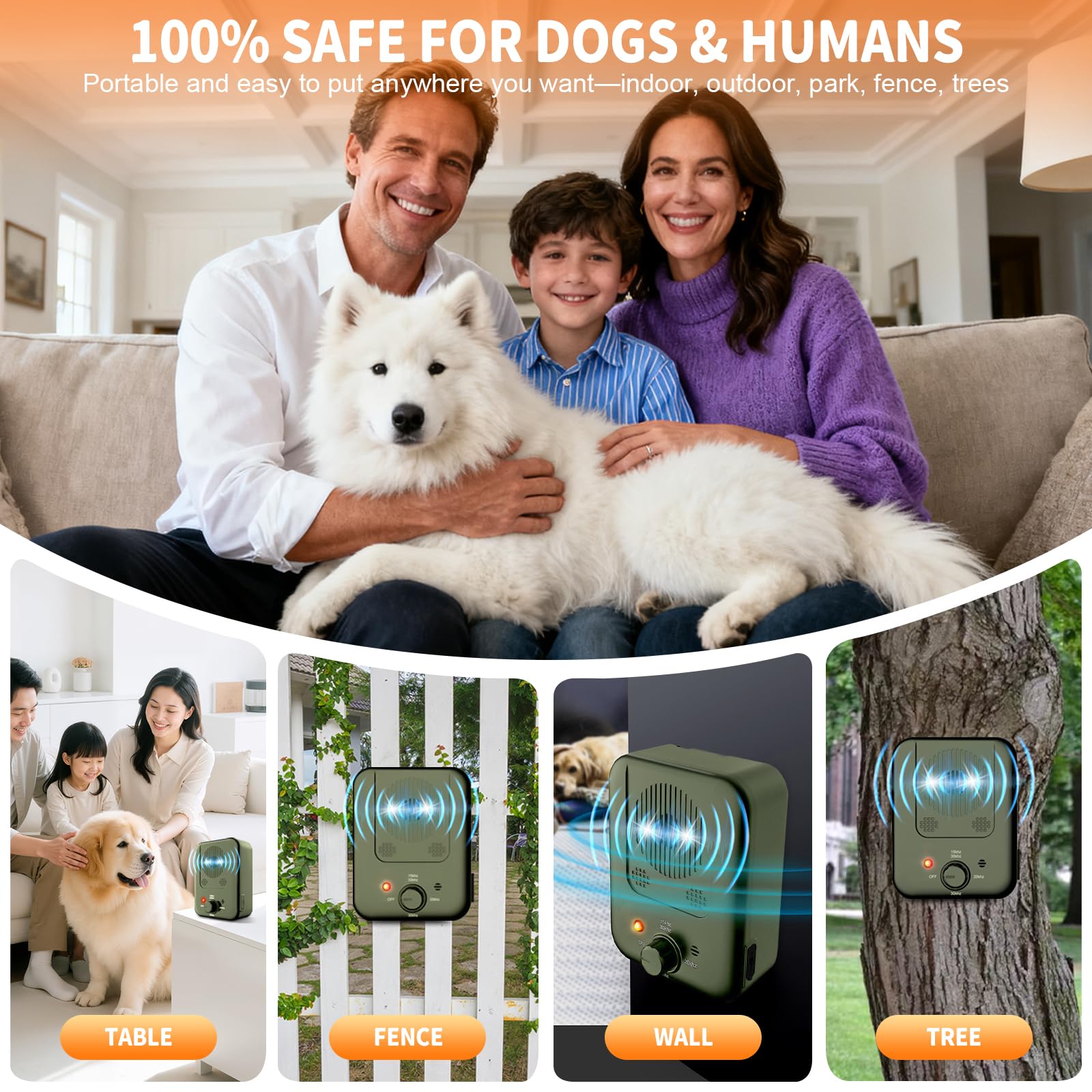 Generic three-frequency ultrasonic coverage supports varied dog hearing ranges.