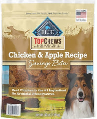 Generic Top Chews chicken and apple recipe dog treat packaging highlights natural ingredients for training and rewards.