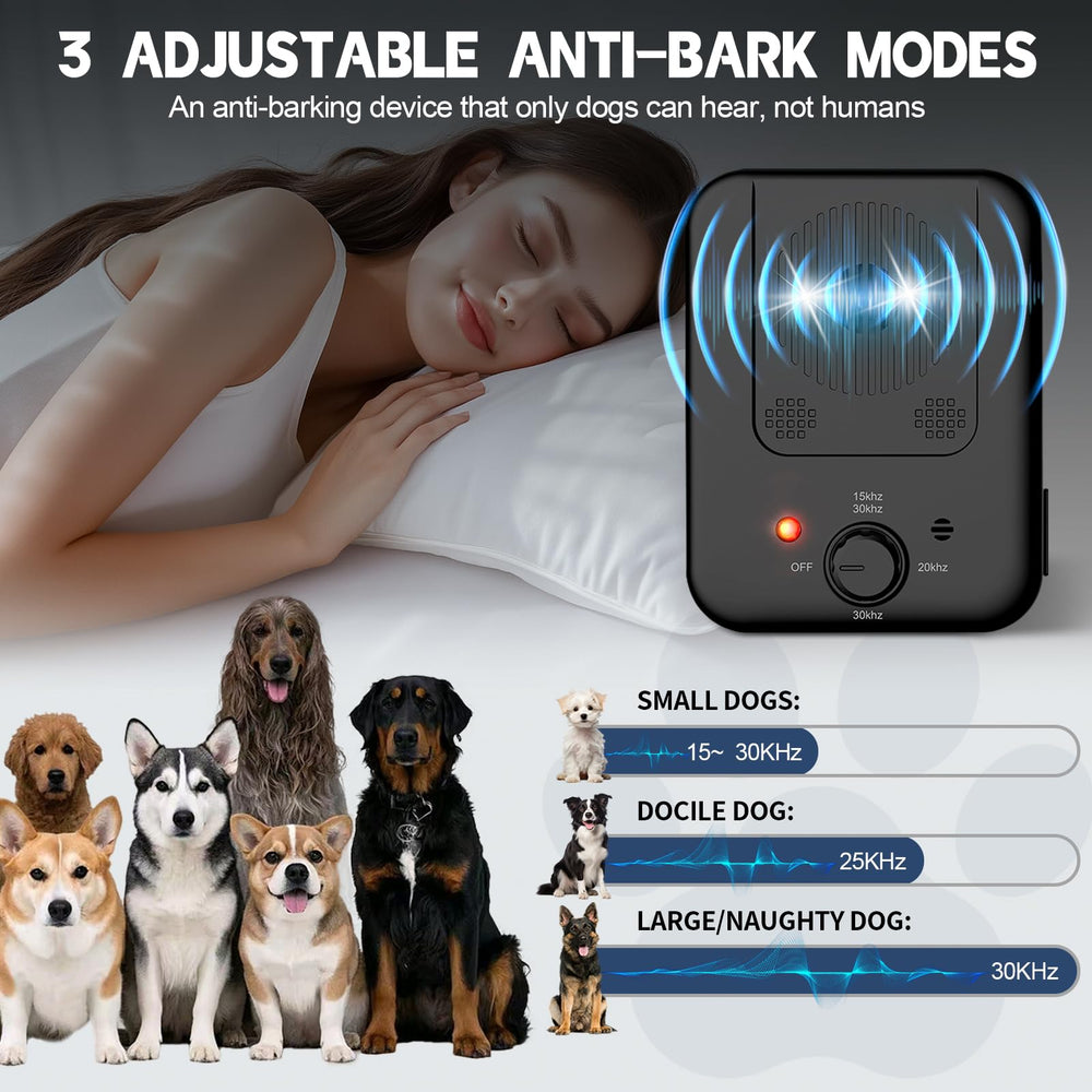 Generic anti-barking-device cycles three dog specific frequencies for effective deterrence