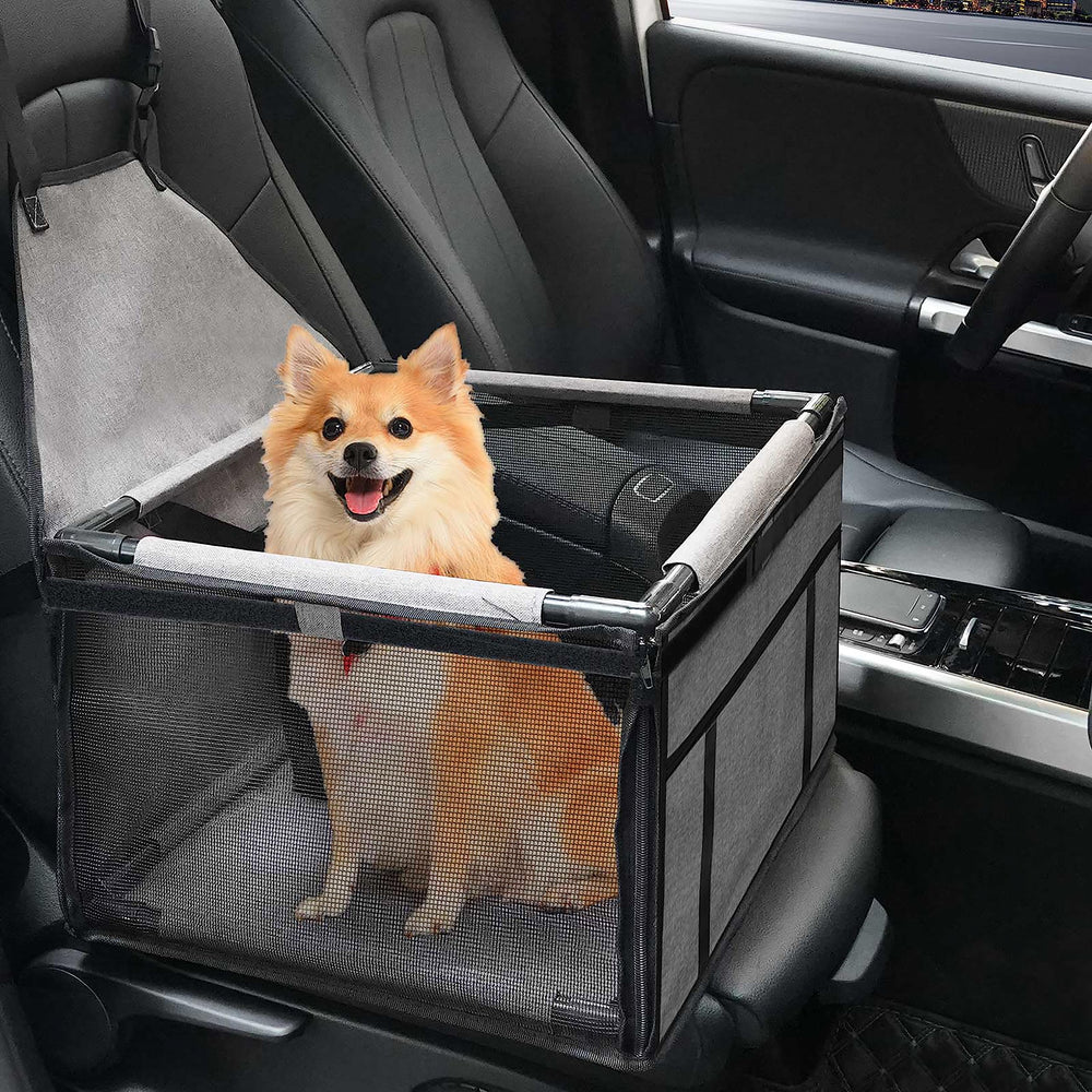 GENORTH dog car seat front view shows a secure fit for small dogs on drives.