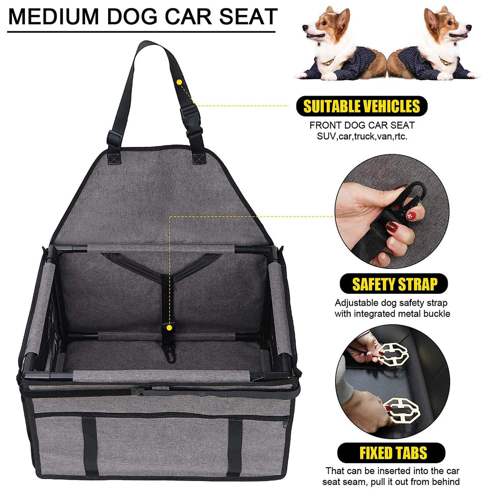 GENORTH dog car seat clip-on leash illustrates anti-jump safety during car trips.