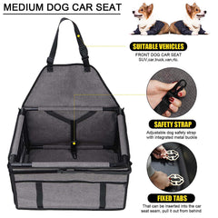 GENORTH dog car seat clip-on leash illustrates anti-jump safety during car trips.