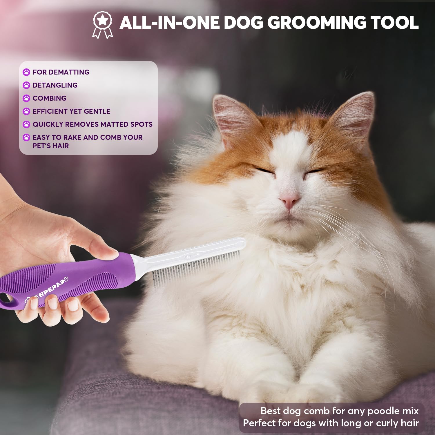 GENPEPADO Grooming Comb helps reduce matting on dogs and cats during brushing.
