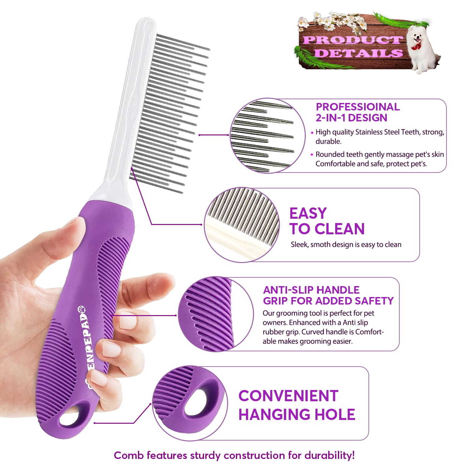 GENPEPADO Grooming Comb targets undercoat knots with short pins to lift and condition fur.