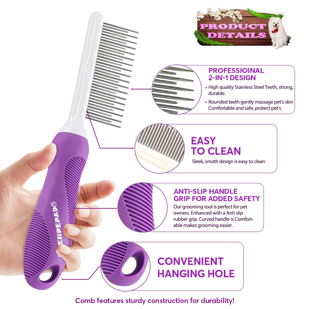 GENPEPADO Grooming Comb targets undercoat knots with short pins to lift and condition fur.