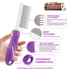 GENPEPADO Grooming Comb targets undercoat knots with short pins to lift and condition fur.
