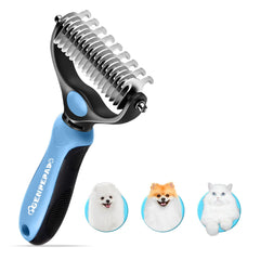 GENPEPADO undercoat rake dual-sided close-up with durable stainless steel teeth and ergonomic grip.