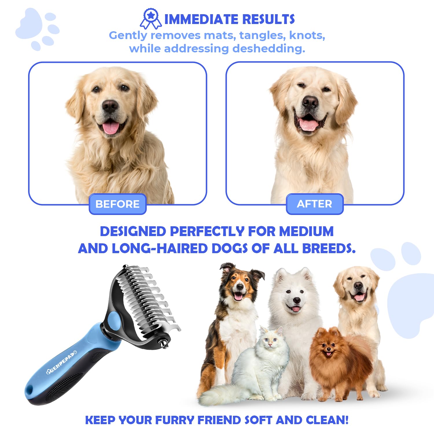 GENPEPADO outer rounded-teeth gently brush and soothe pet skin.