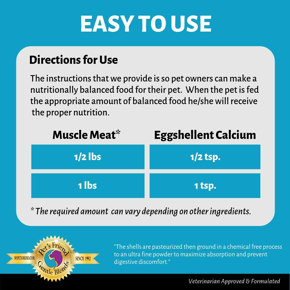 Gentle Blends Pet's Friend eggshellent calcium packaging emphasizes pure eggshells