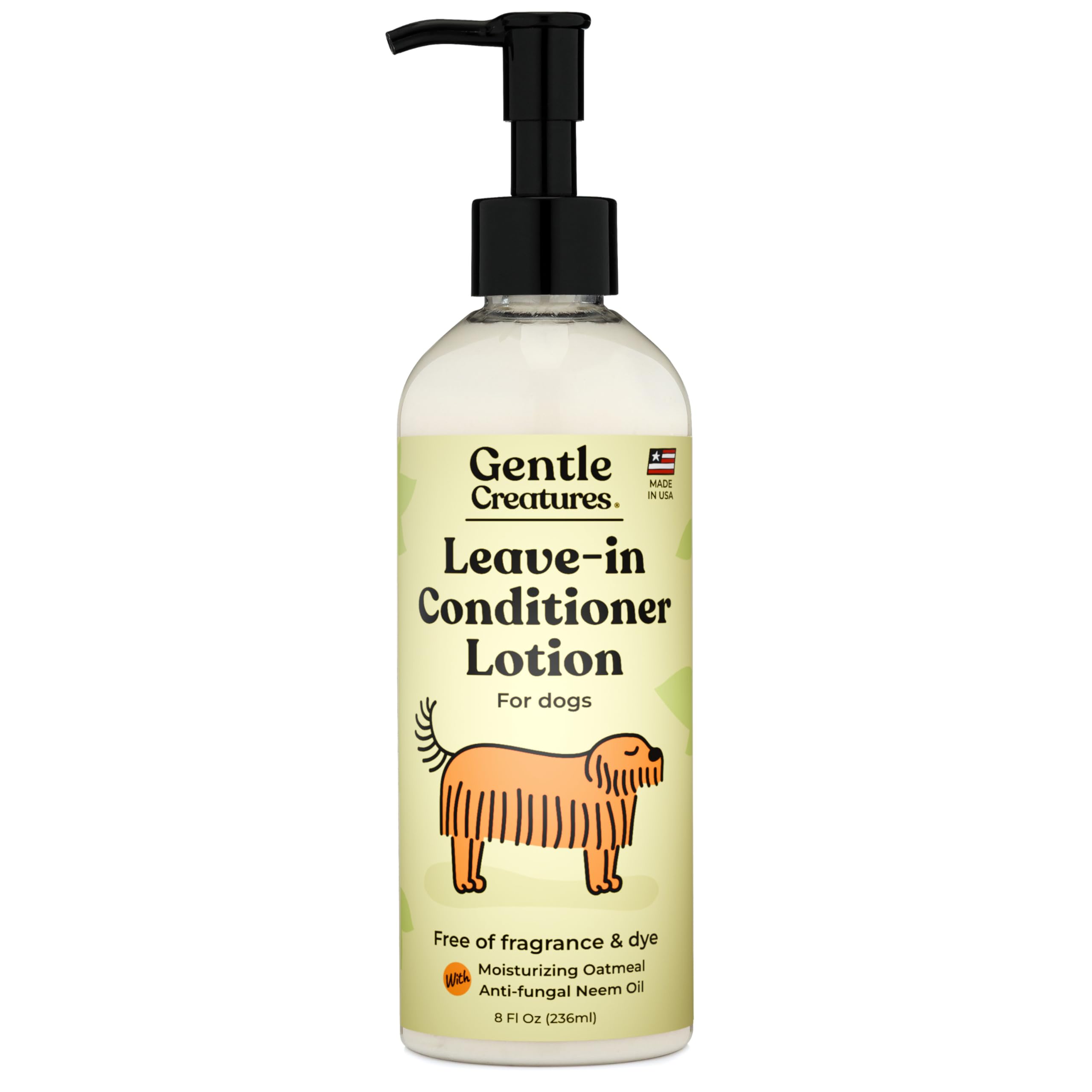 Gentle Creatures leave-in conditioner lotion bottle provides fragrance-free hydration for sensitive dog skin.