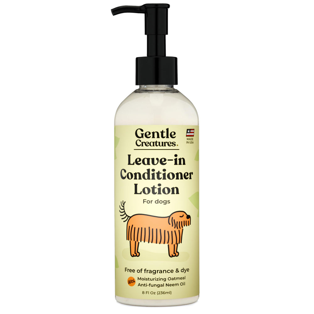 Gentle Creatures leave-in conditioner lotion bottle provides fragrance-free hydration for sensitive dog skin.