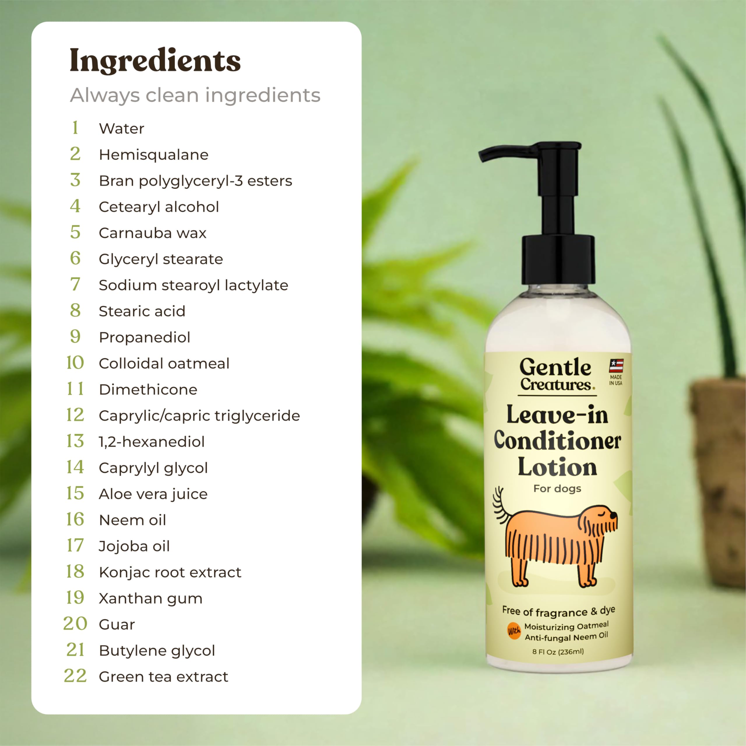 Gentle Creatures leave-in conditioner lotion packaging conveys fragrance-free, simple care.