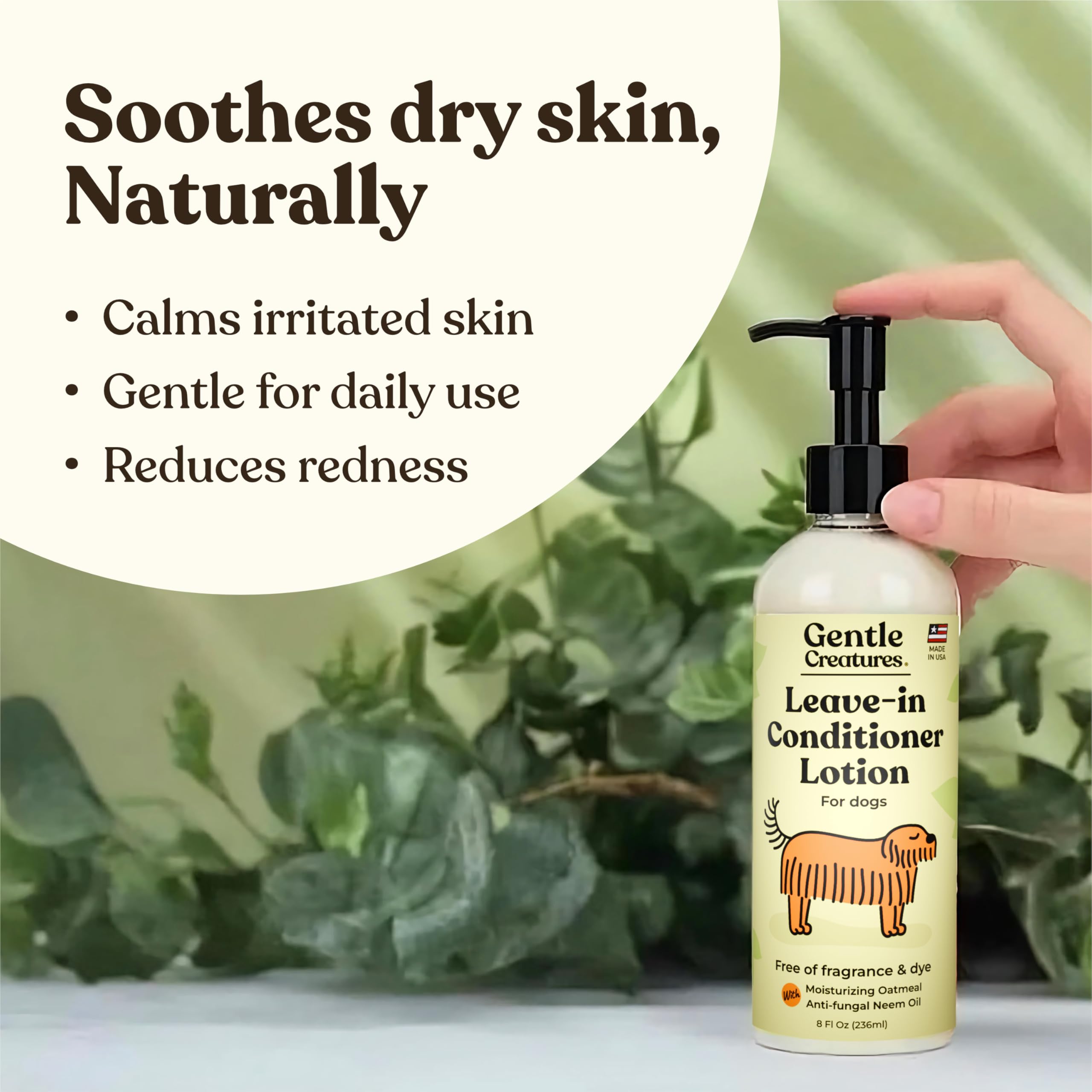 Gentle Creatures leave-in conditioner lotion texture closeup shows a smooth, non-greasy finish.