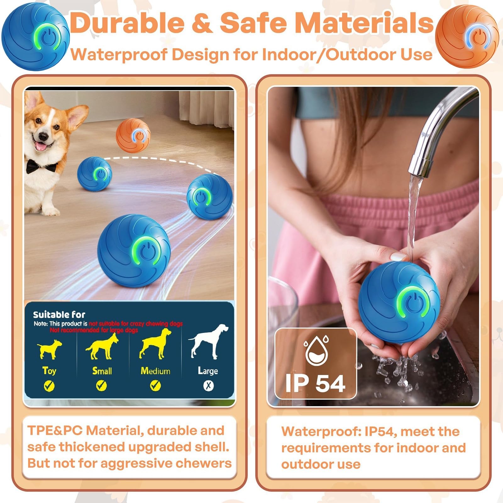 Geojec Duraspin ball puppy-cat play showcases dual stimulation.