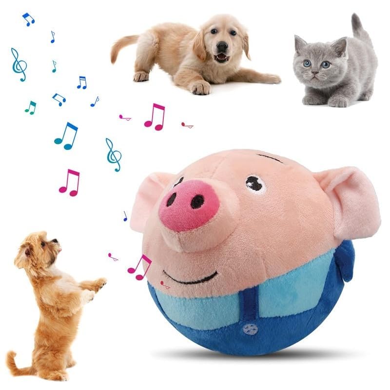 Geojec Interactive Dog Ball blue pig front view highlights plush toy appeal for engaging play.
