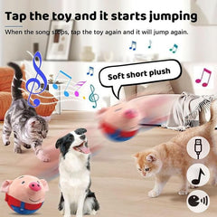 Geojec Interactive Dog Ball blue pig in mid jump play scene.