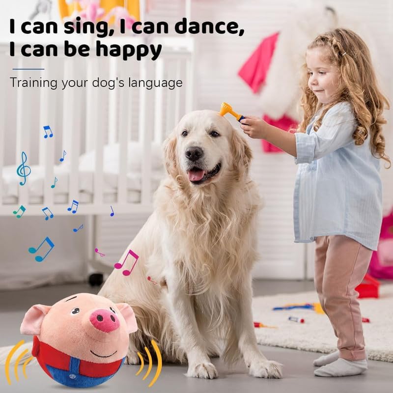 Geojec Interactive Dog Ball blue pig side view shows motion activated fun.