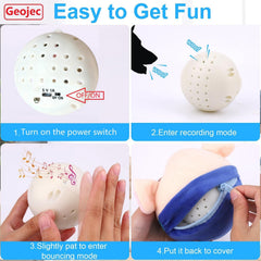 Geojec Interactive Dog Ball blue pig squeak action close up.