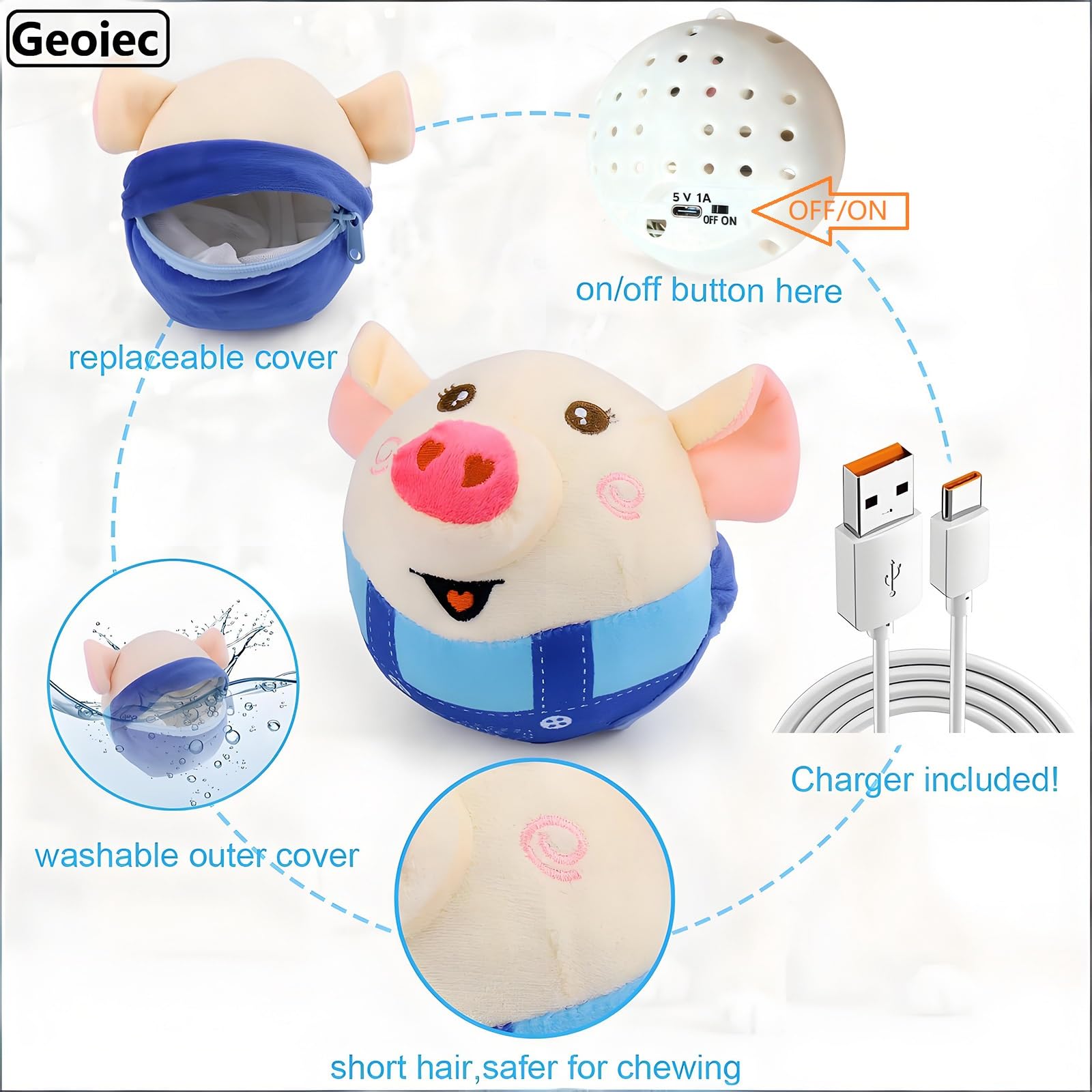 Geojec Interactive Dog Ball blue pig zipper cover detail.