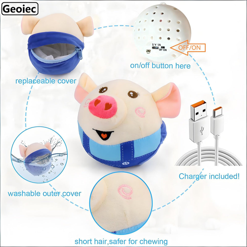 Geojec Interactive Dog Ball blue pig zipper cover detail.