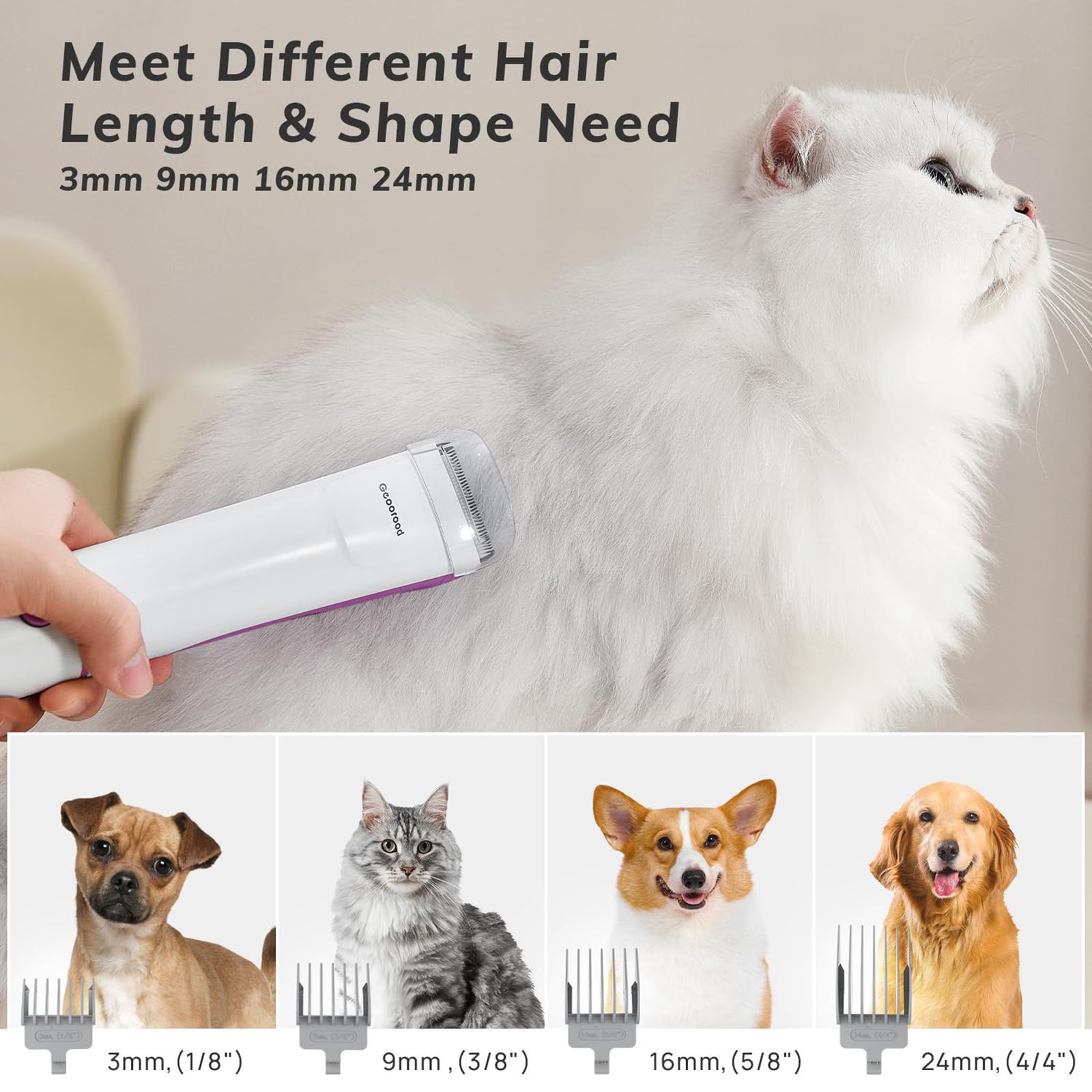 Geoorood clipping combs display four sizes: 3mm, 9mm, 16mm, 24mm.