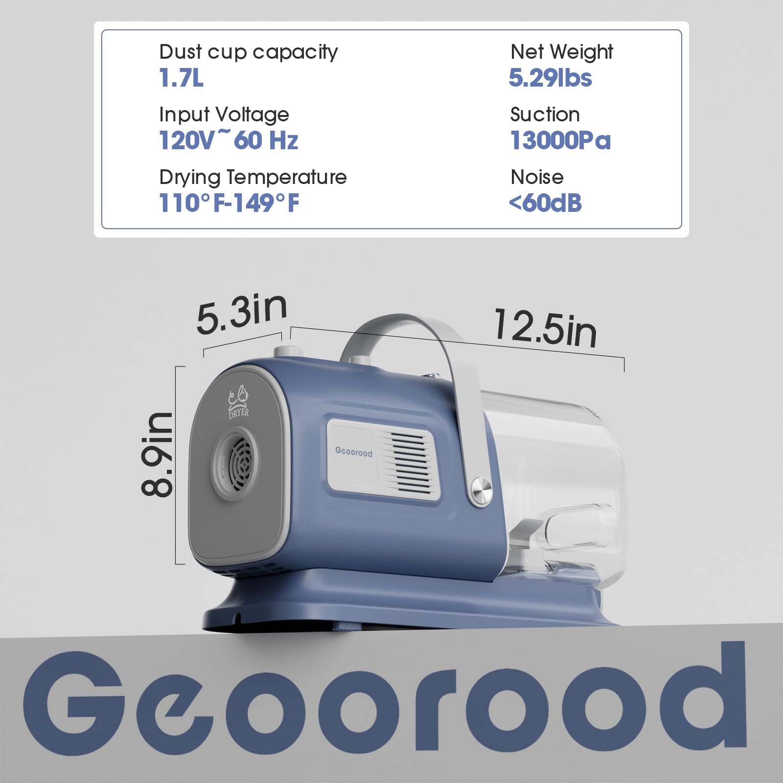 Geoorood dog grooming vacuum-dryer kit blue-grey finish complements home décor